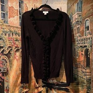 LOFT Black Ruffle V-Neck Cardigan, Snap Closure, small hole